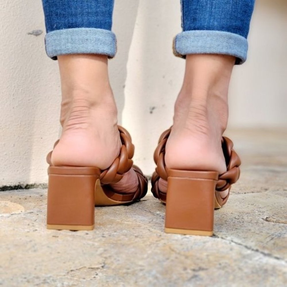 Women's Tan Double Braided Square Toe Mule Low Heel Sandal - Picture 4 of 5